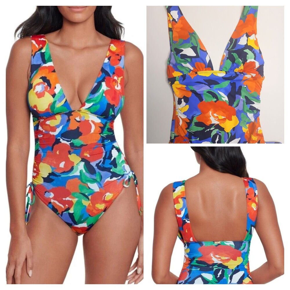 Lauren Ralph Lauren Sz 10 Swimsuit One Piece Halter Plunge-Neck Floral NWT $165